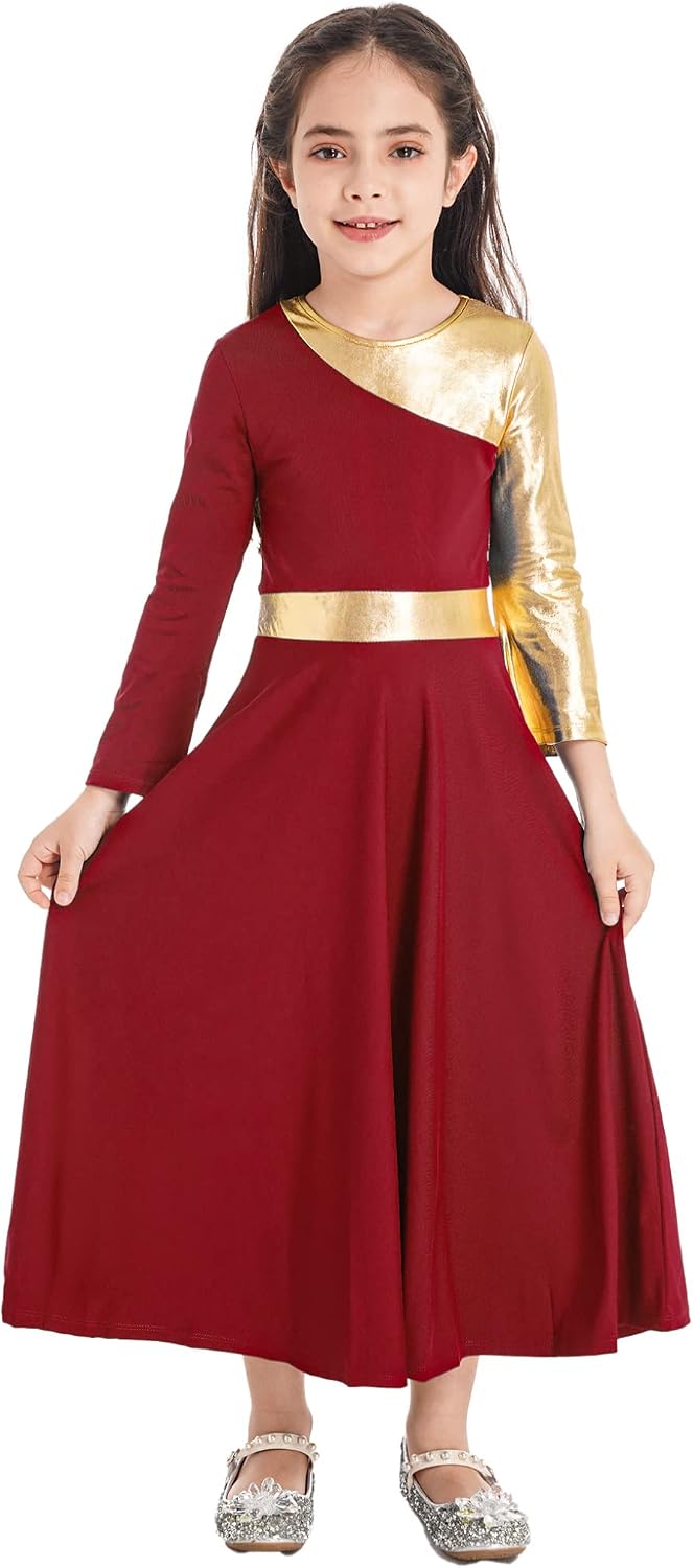 JanJean Girls Metallic Ballet Liturgical Praise Dance Dress Gold Long Sleeve Loose Full Length Worship Tunic Costume