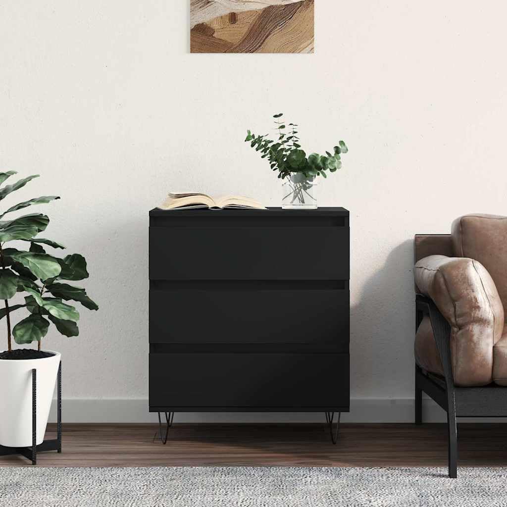 Générique Czarny kredens z drewna inżynierskiego 60x35x70 cm | Wytrzymałe żelazne nóżki, duża pojemność, blat ekspozycyjny do dekoracji, łatwe do czyszczenia