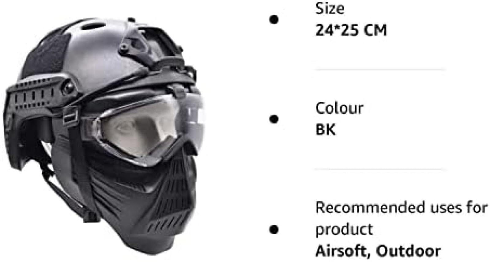 Casco Protettivo tattico Integrale da Softair con Maschera per Occhiali e Lenti, da Applicare al Gioco di Sopravvivenza CS Paintball di Ruolo,BK,24 * 25 CM
