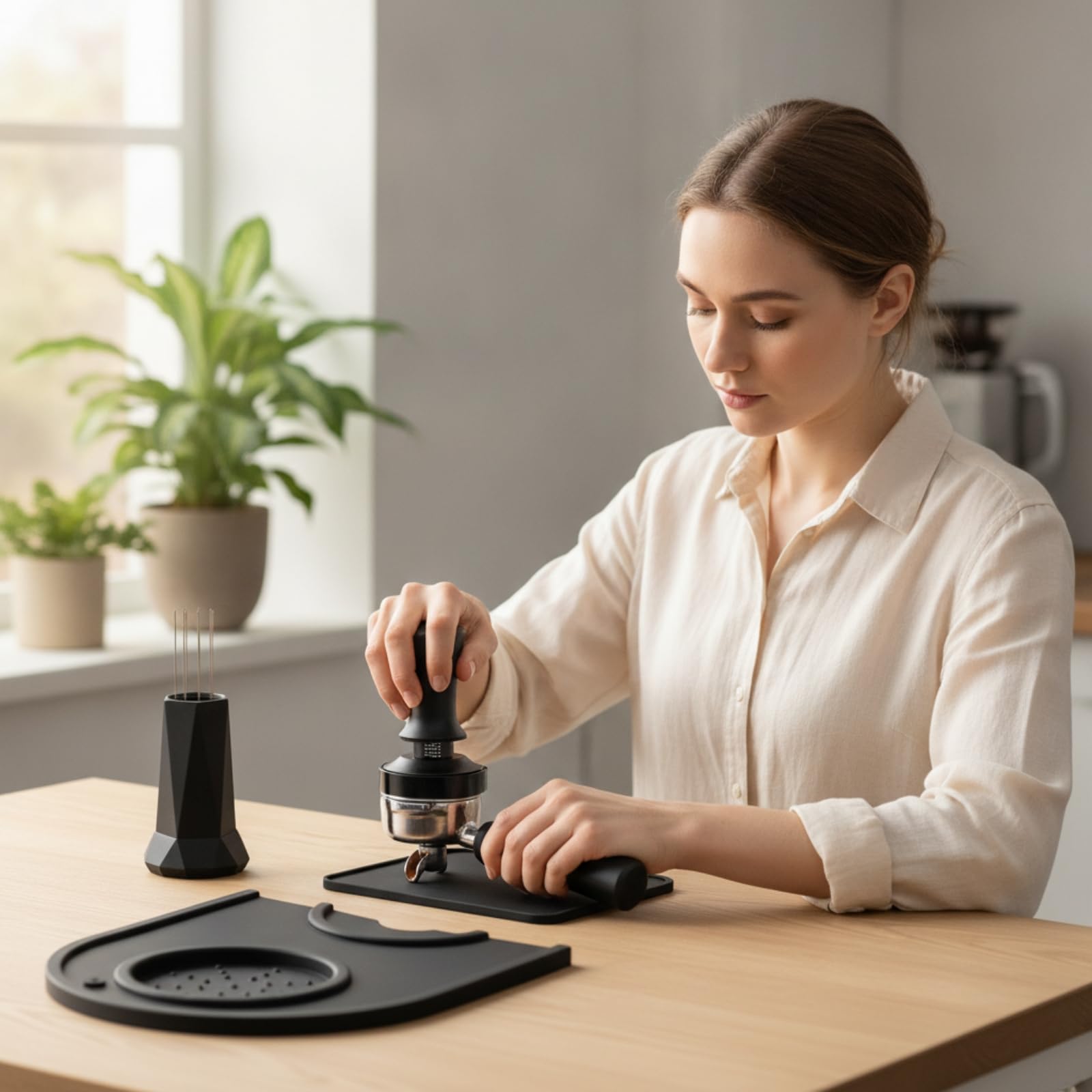 Baoblaze 1 Pezzo Pressino caffè Espresso Tamper Accessori Distribuzione Set Acciaio Silicone con Supporto Utensile E Tappetino Protettivo Adatto per Domestico Bar Ufficio, con 8 Aghi di Ricambio