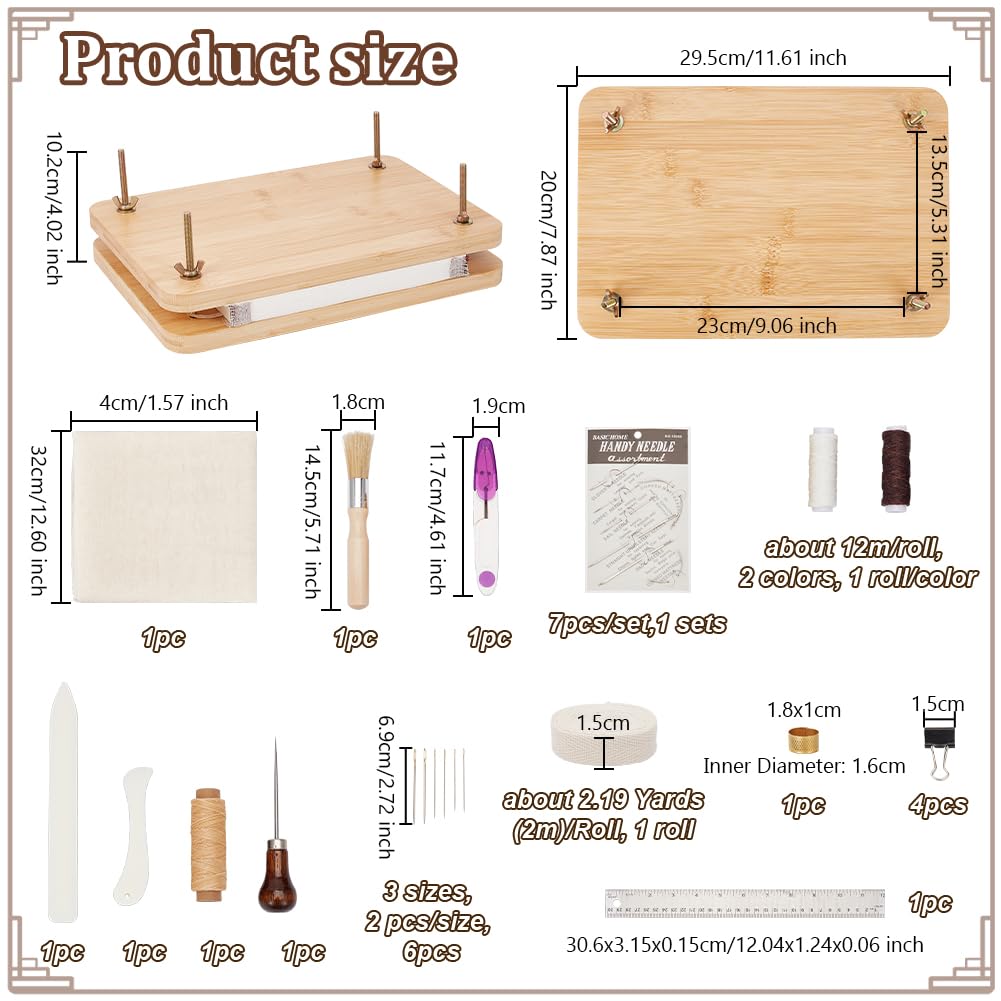 OLYCRAFT Kits de Reliure de Livres Fournitures de Reliure Ensemble D'Outils de Démarrage de Reliure de Livres avec Outil de Presse de Livre en Bois Tissu en Coton Règle en Tissu Dé à Coudre