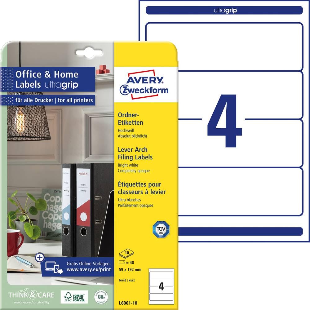Avery-Zweckform L6061-10 Lever arch file labels White Paper 59x192...
