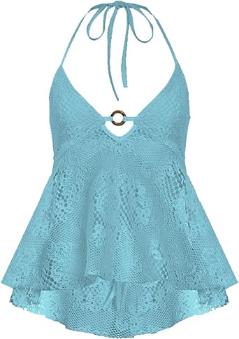 OCUH Halter Tank Top Boho Backless Deep V Neck Vest Tank Tops Sexy Lace Sheer See Through Party Clubwear Going Out Top