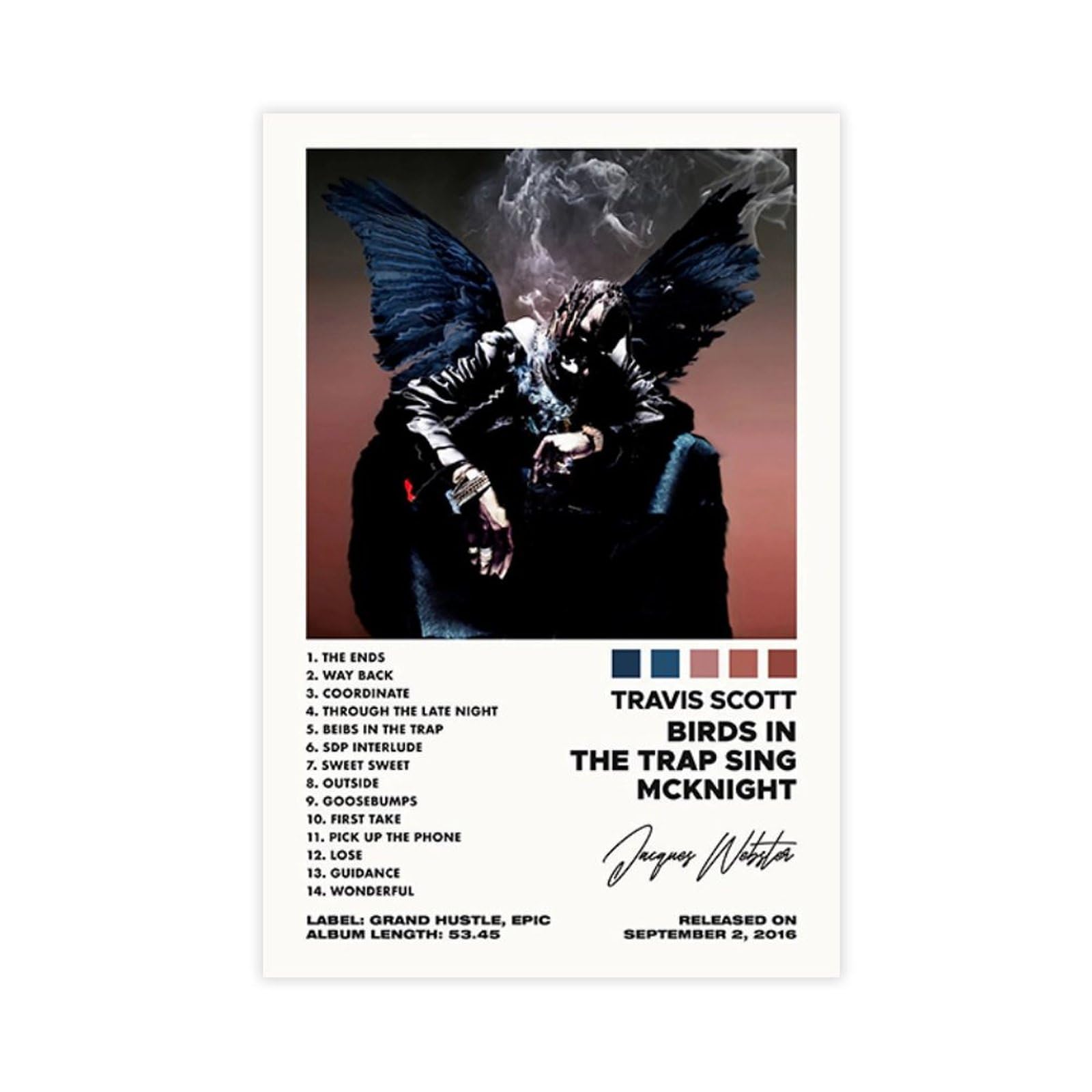 Poster su tela con copertina di Travis Scott Birds in the Trap Sing McKnight, decorazione per camera da letto, sport, ufficio, camera da letto, regalo, 30 x 45 cm