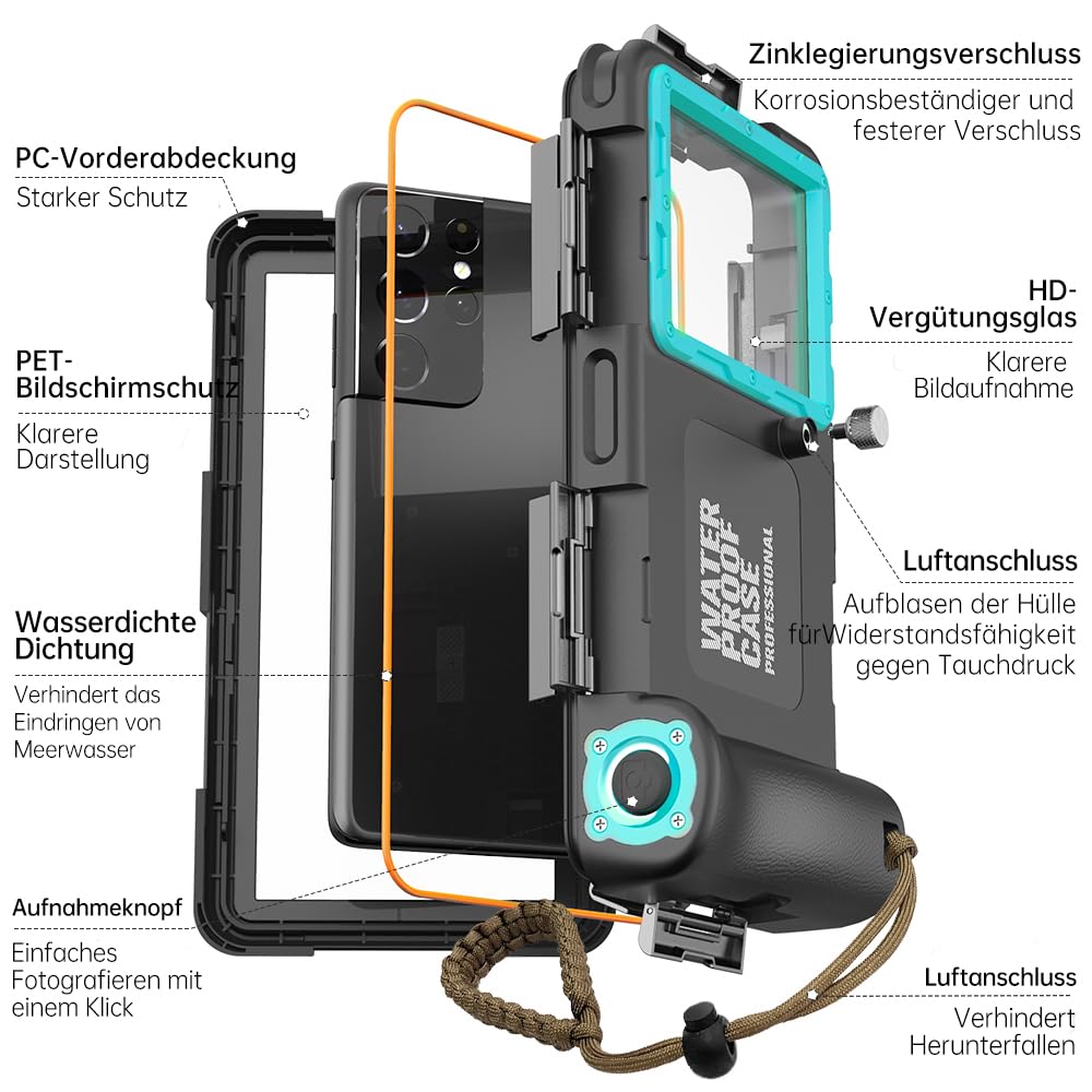 Profesjonalna wodoodporna obudowa IP68 15M - kompatybilna z iPhone, Samsung, Huawei, Xiaomi - do 6,9 cala - do nurkowania, snorkelingu, surfowania i pływania (czarno-niebiesko-zielony)