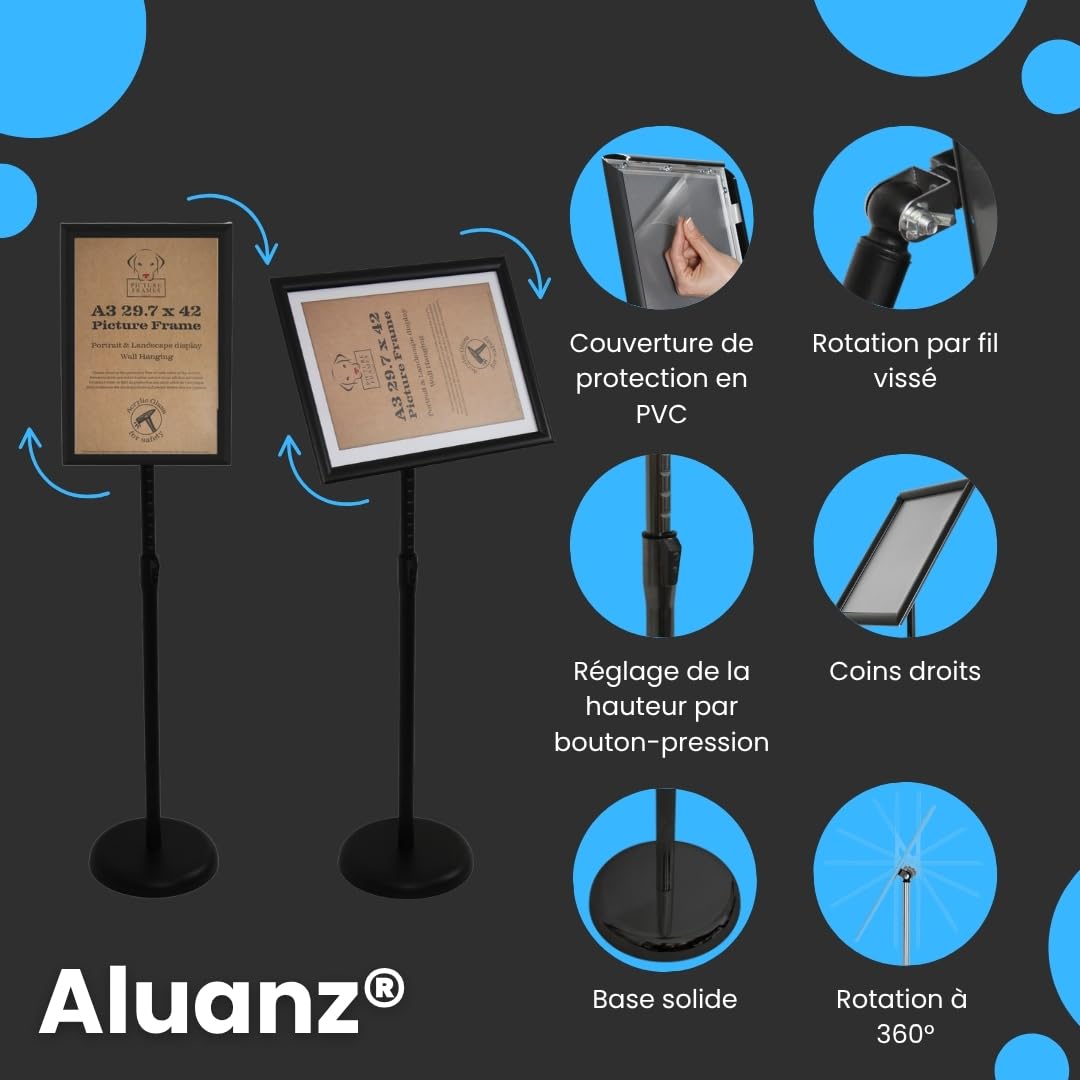 Porte affiche A3 sur pied, noir | Support d’information, Hauteur réglable, Porte affiche en aluminium, Présentoir pivotant, Présentoir buffet, 75-125 cm