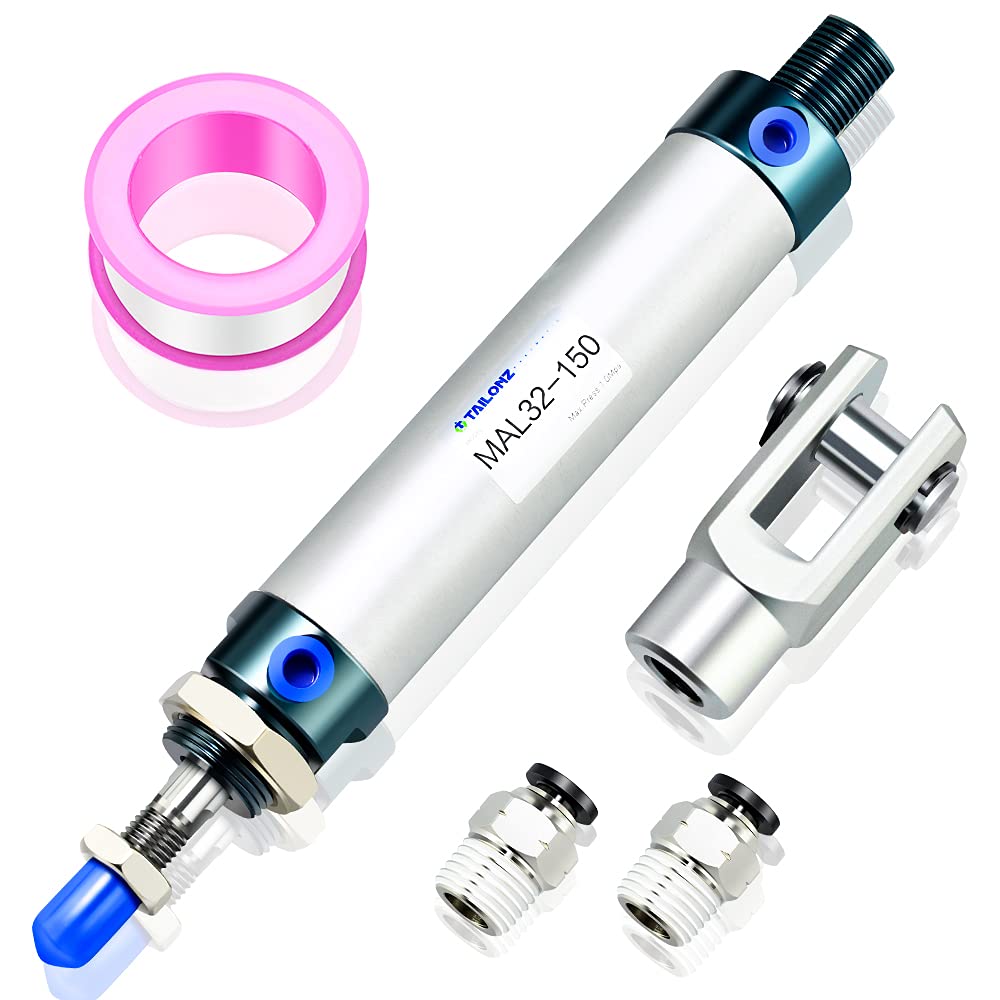 TAILONZ PNEUMATIC Cilindro pneumatico a doppia azione con foro da 32 mm e corsa da 150 mm con connettore a Y e 2 pezzi di raccordo da 8 mm MAL32x150