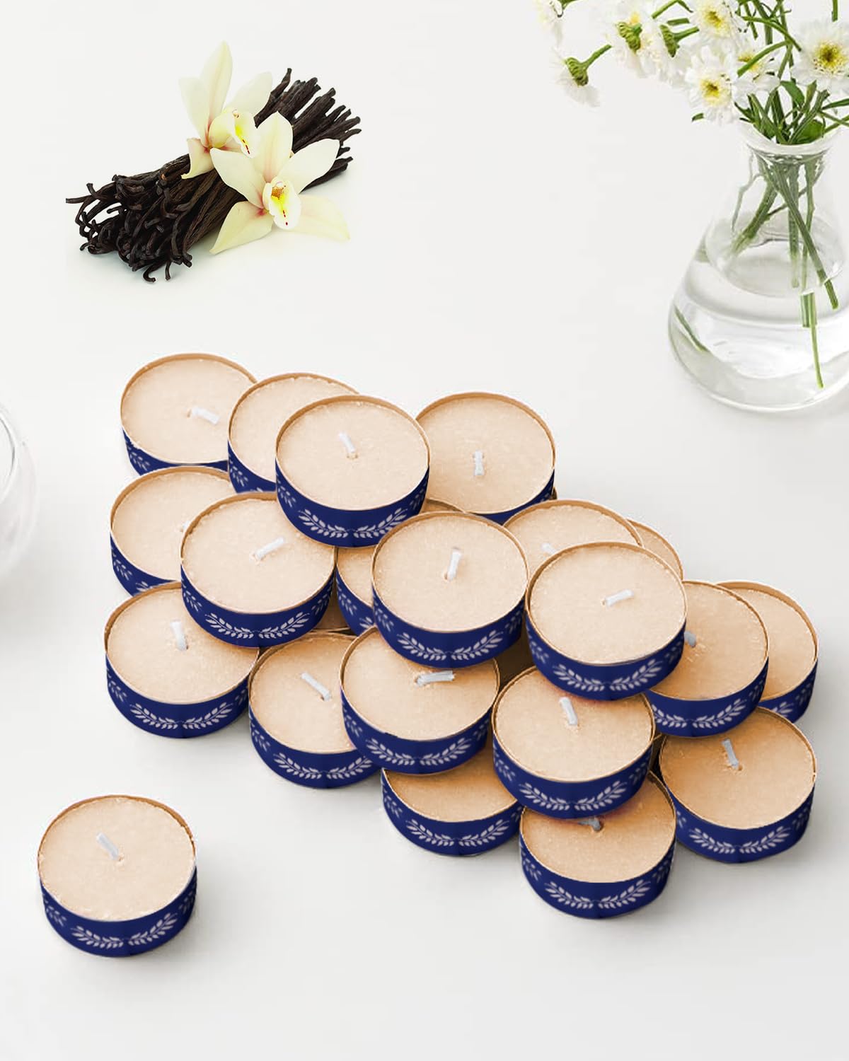 Scented Tealight Candles, Organic Luxury Aroma Upto 4 Hours, Smokeless & Dripless Soy Wax Diya (Pack of 24, French Vanilla)