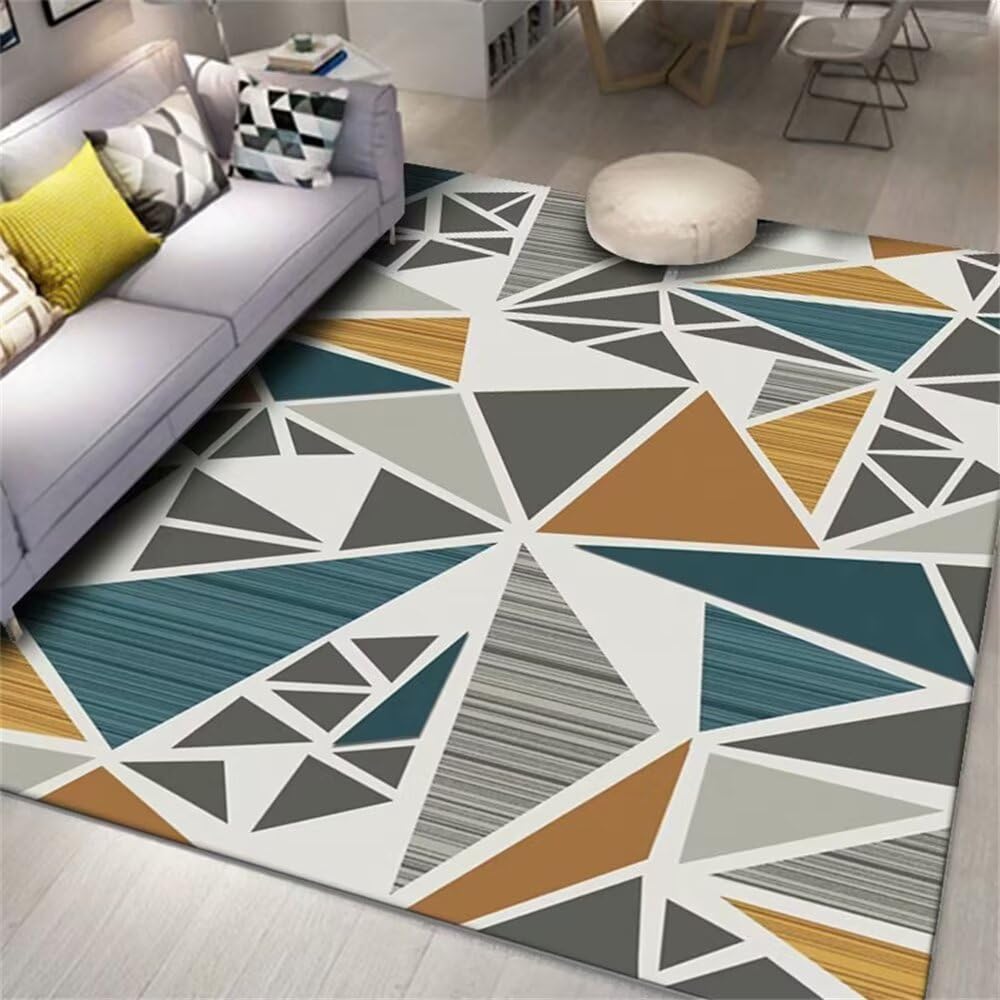 Grand tapis chambre à motif géométrique moderne bleu et gris