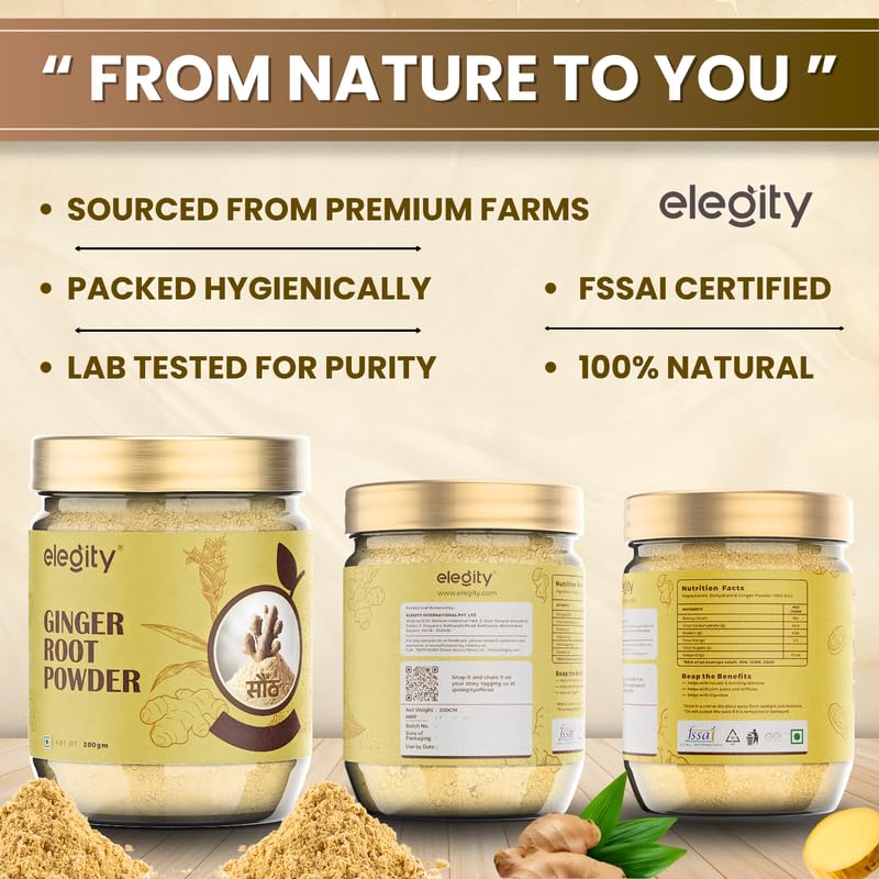 Image of Elegity Ginger Root Powder 200 gm (Pack of 2) | No Added Preservatives | Sukku Podi | Dry Sonth | Adrak Powder for Cooking and Health