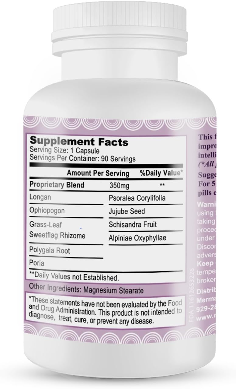 M.U Magic Brain Formula Mermaid USA Support Brain Memory Focus Clarity Energy and Sleep -Green and Natural Non-GMO 90Capsules