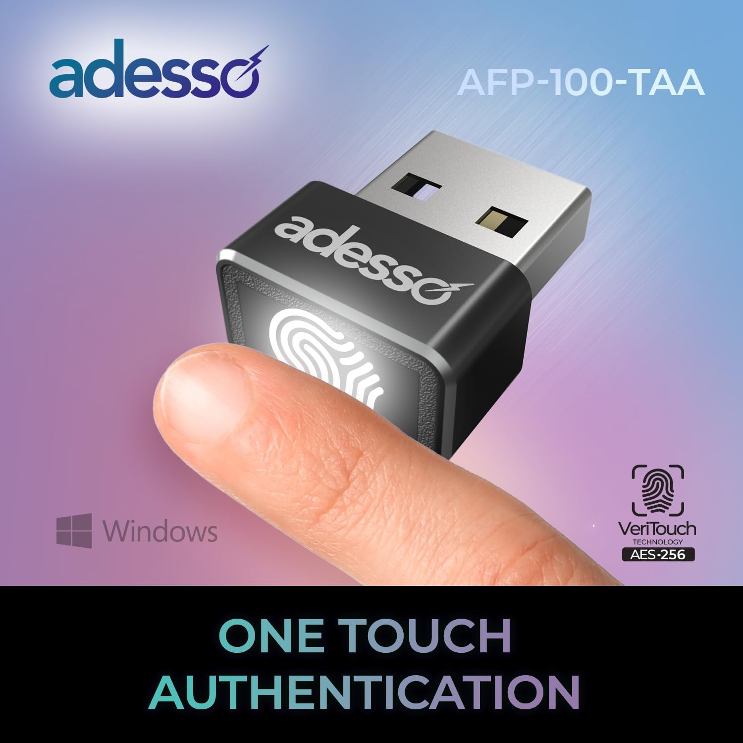 Adesso USB Fingerprint Reader Windows Hello Compatible Built-in Biometric Security AES256 Encryption Made in Taiwan TAA Compliant AFP-100-TAA