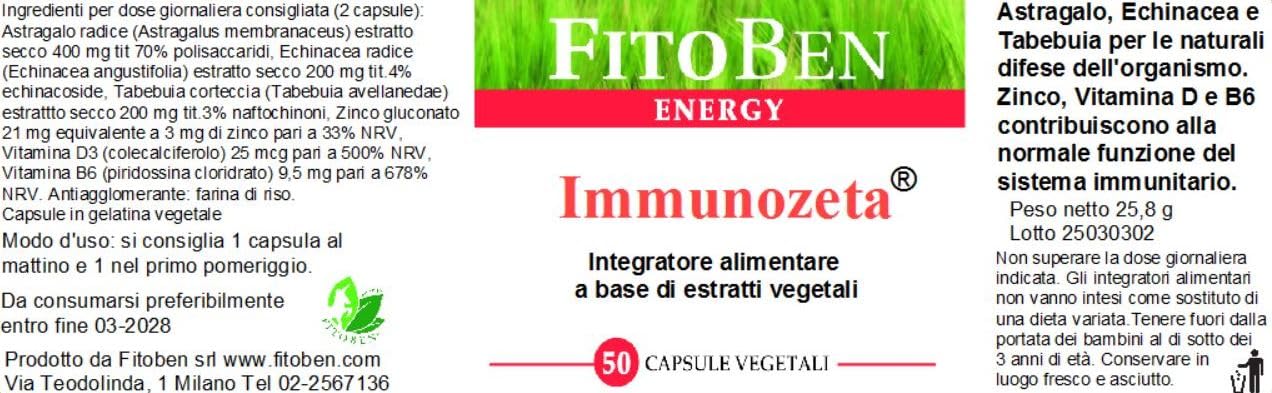 Fitoben | Immunozeta Integratore Alimentare Naturale con Echinacea, Astragalo, Tabebuia, Zinco, Vitamine D3 e B6 per il Sistema Immunitario e le Difese Immunitarie, 50 Capsule Vegetali