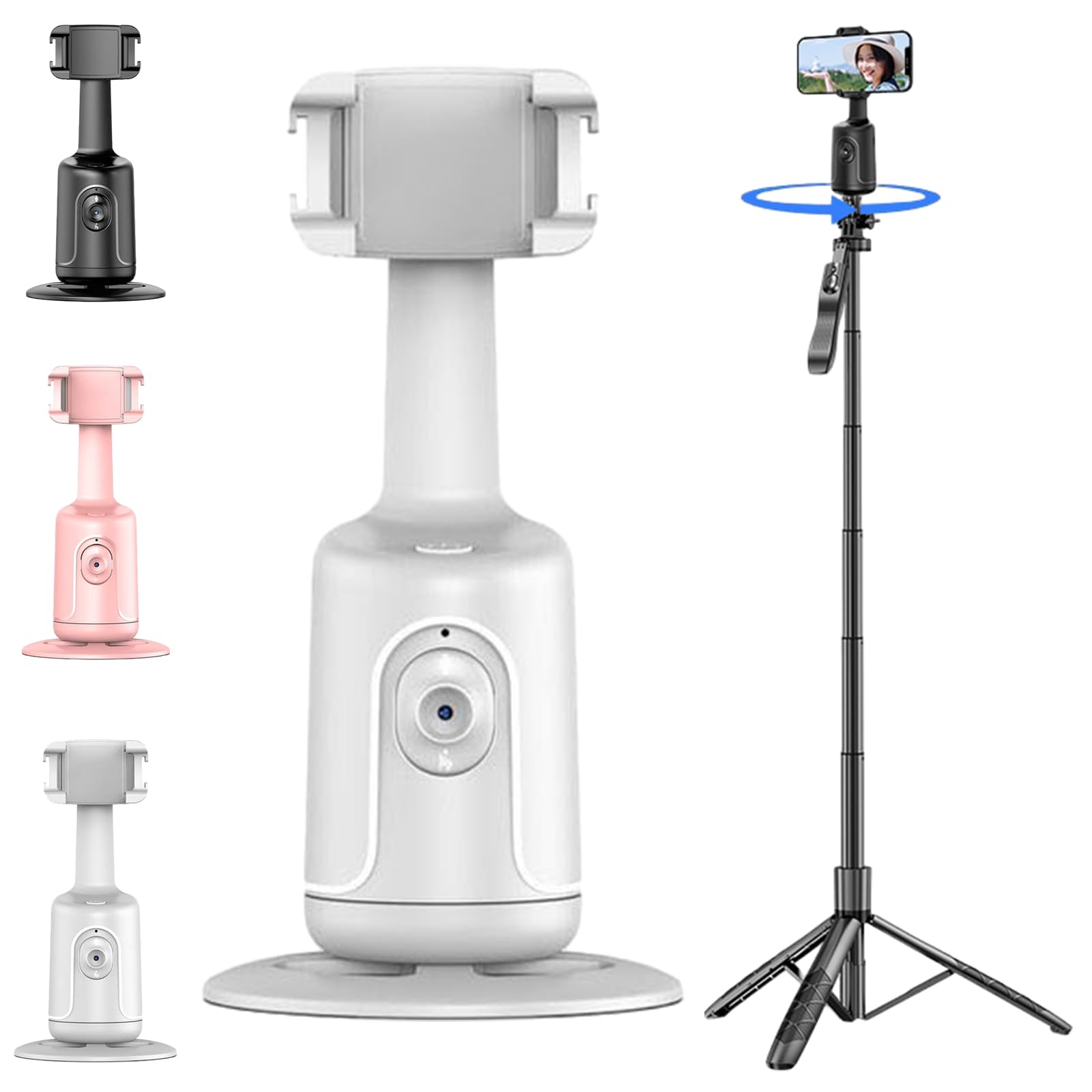 Smart Ai Facial Recognition Phone Tripod, 360° Auto Face Tracking Supports Gesture Control &amp; Remote Control No App for Outdoor Live Streams,Video Shoots,Dynamic Shots (White + Aluminum Alloy Tripod)