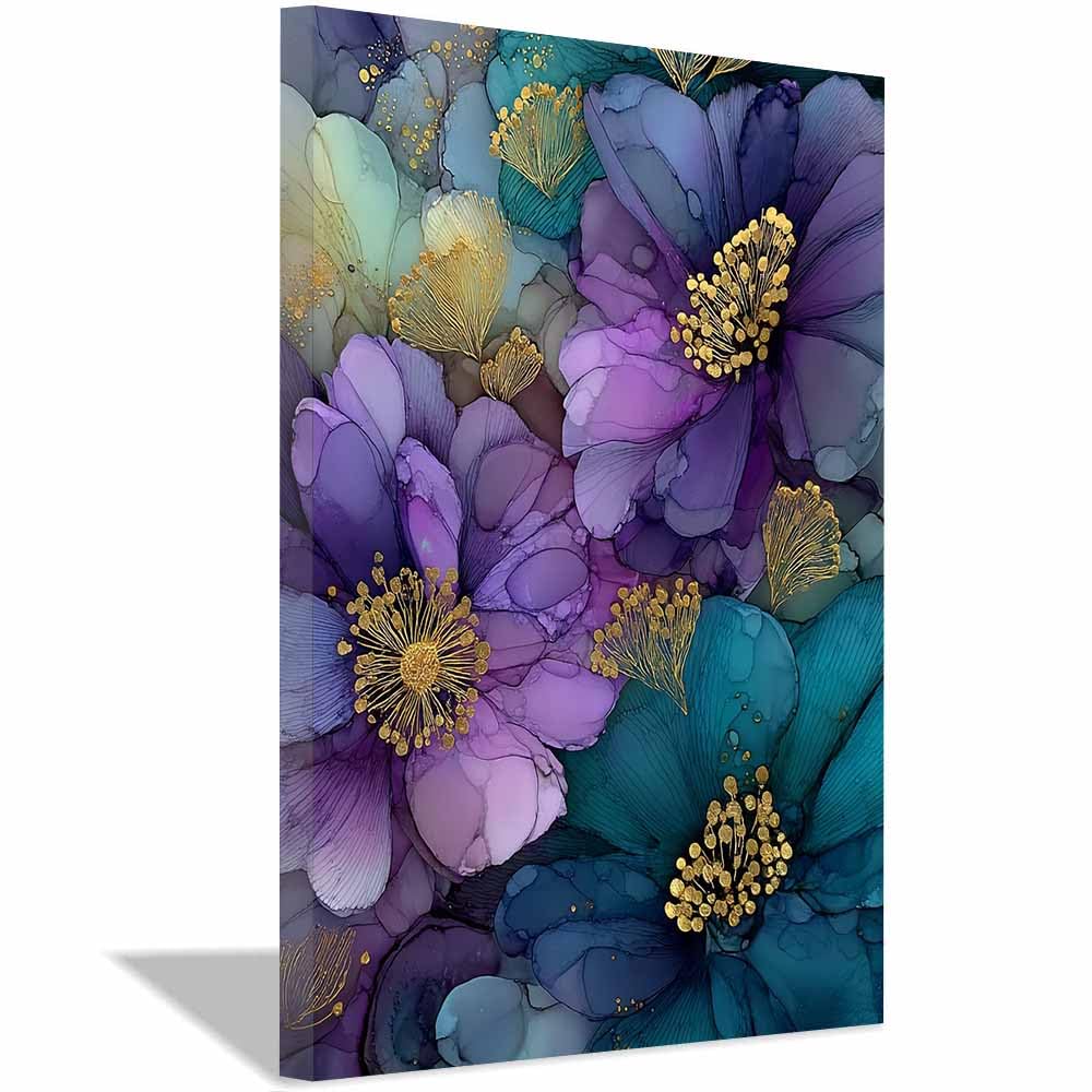 Xeniou Multicolor Flower Posters Purple Teals Gold Flower Art Canvas Wall Art, For Bathroom Living Room Bedroom Office Kitchen(Multicolor)-70X100cm Framed
