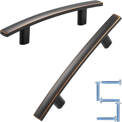 KOOFIZO Paquete de 5 tiradores de barra curvada maciza para armario, manija de arco de muebles de bronce aceitado, 3 pulgadas2.992 in, agujero