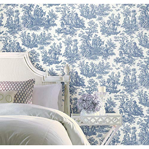 Waverly Rmk11868Wp Country Life Toile Peel And Stick Wallpaper (20.5 In X 16.5 Ft) – Easy Application, No Sticky Residue – Blue And White, Roll #TOP1