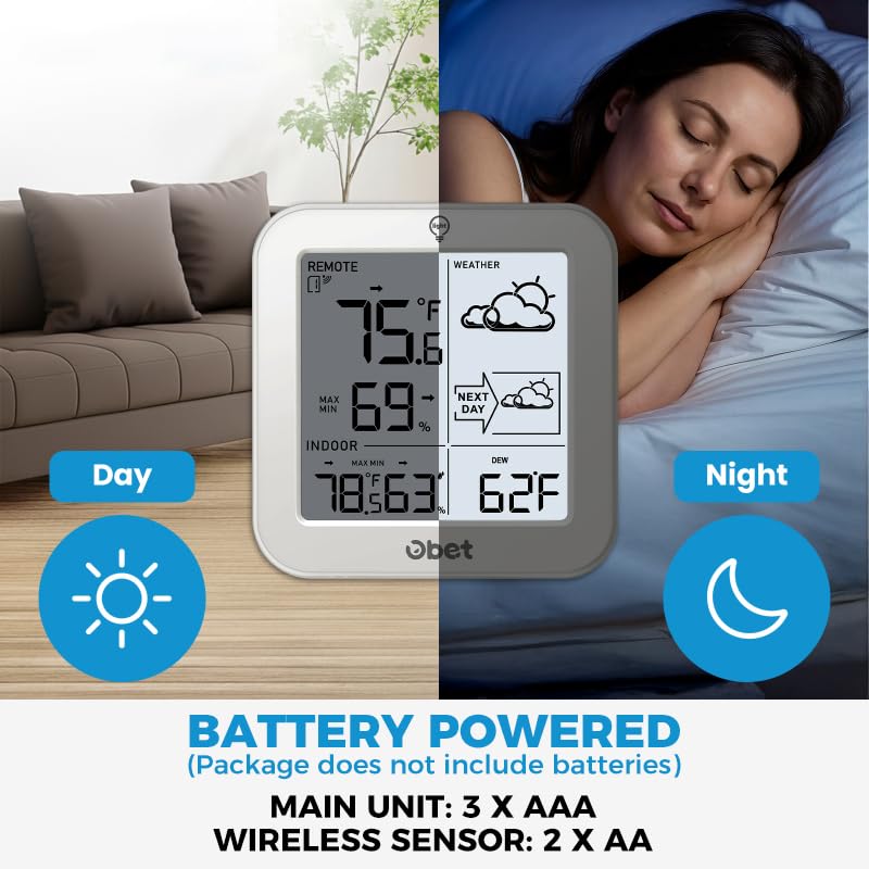 Indoor Outdoor Thermometer Wireless Weather Station, Battery Powered Inside Outside Thermometers Hygrometer Monitor with Backlight, Max/Min Record, Dew Point, Heat Index, Pressure (500 Feet) - Image 5