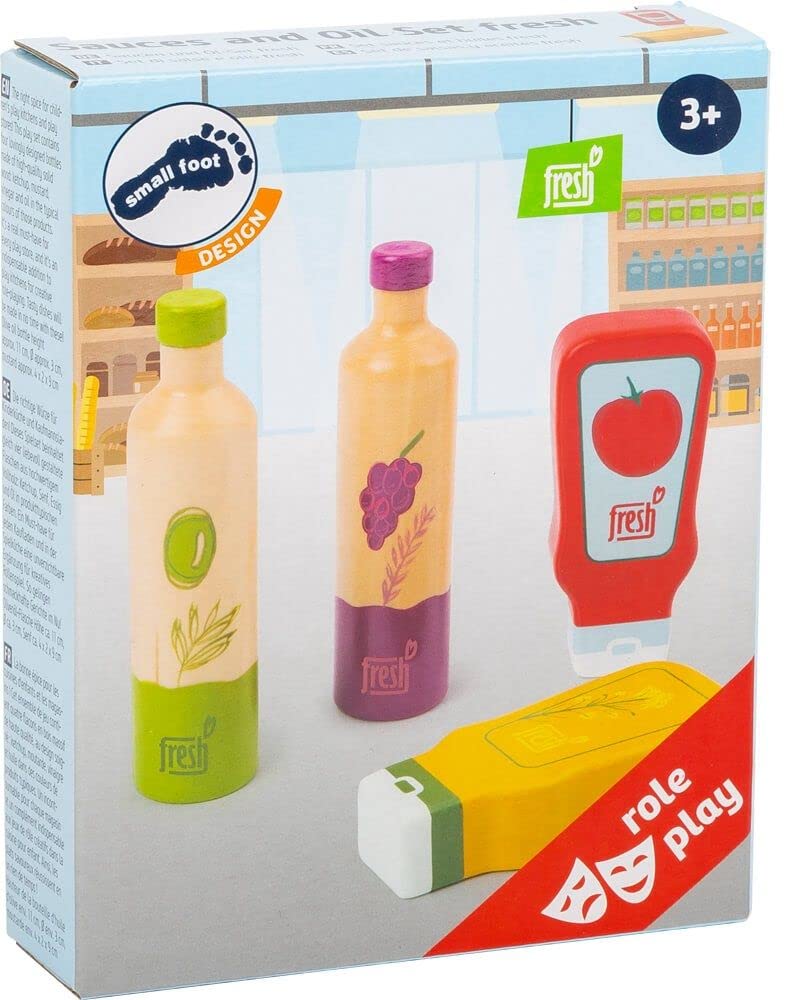 Small Foot Set De 4 Botellas De Madera De Ketchup, Mostaza, Vinagre Y Aceite, Para Cocinas Infantiles Y Tiendas De Juego, Realistas Y Duraderas, A Partir De 3 Años