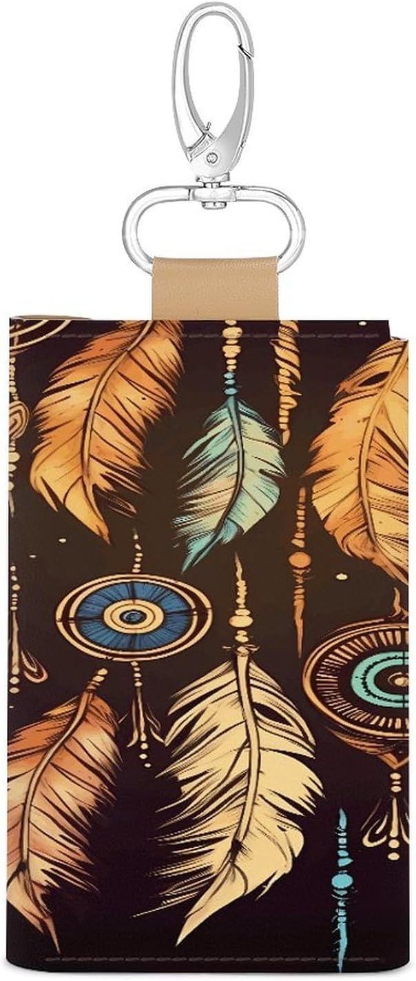 Vintage Ethnic Tribal Feather Key Case Leather Car Key Chain Card Holder Wallet Pouch Keys Money Organizer Case Snap Closure image 4