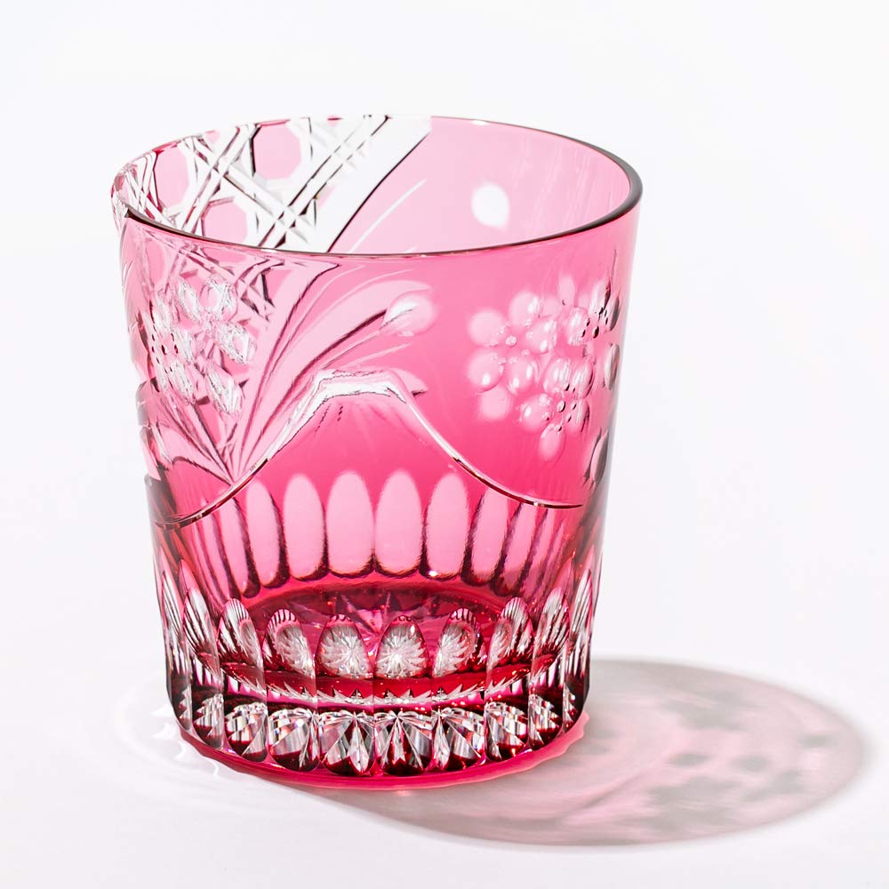 伝統工芸桜、江戸切子グラス 江戸切子・花切子ロックグラス(桜/金赤)【名入れ・メッセージ入れ可