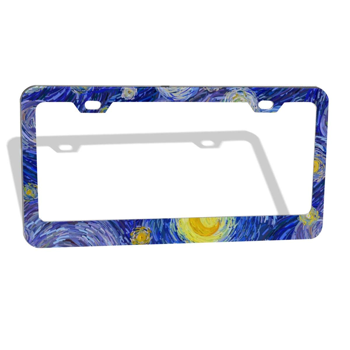 Starry Night License Plate Frame Print Auto Tag Frames Art Oil Painting License Plates Holder 2 Holes Decorative Car Plates Cover Blue for Men Women