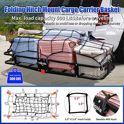 Image of PINGDIR Folding Hitch Mount Cargo Carrier Hitch Rack Basket 60 inch*21.5 inch*6 inch Hauling Weight Capacity of 500 Lbs, Waterproof Cargo Bag 58 inch 19 inch 24 inch, with Hitch Stabilizer,Cargo Net and Ratchet Straps