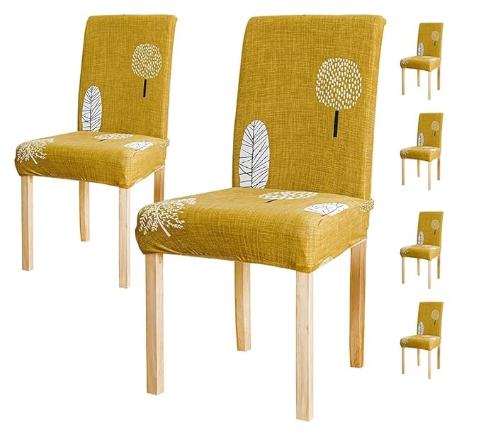 Styleys Polyester Printed Washable Elastic Dining Chair Cover Slipcovers (Set of 6 Mustard Flower, SD130)