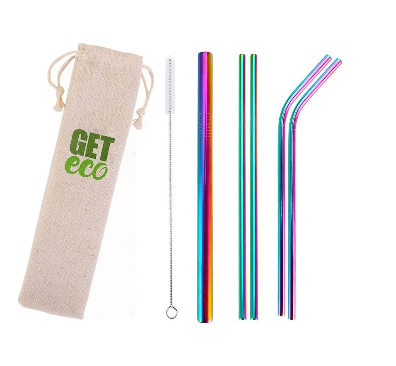 Get Eco – Reusable Stainless Steel Eco Straws in Rainbow Colour – Set of 5 (2 Straight, 2 Bent, 1 Thick) with Cleaning Brush and Portable Tie Bag – Premium Quality for Drinking, Travel or Gifts