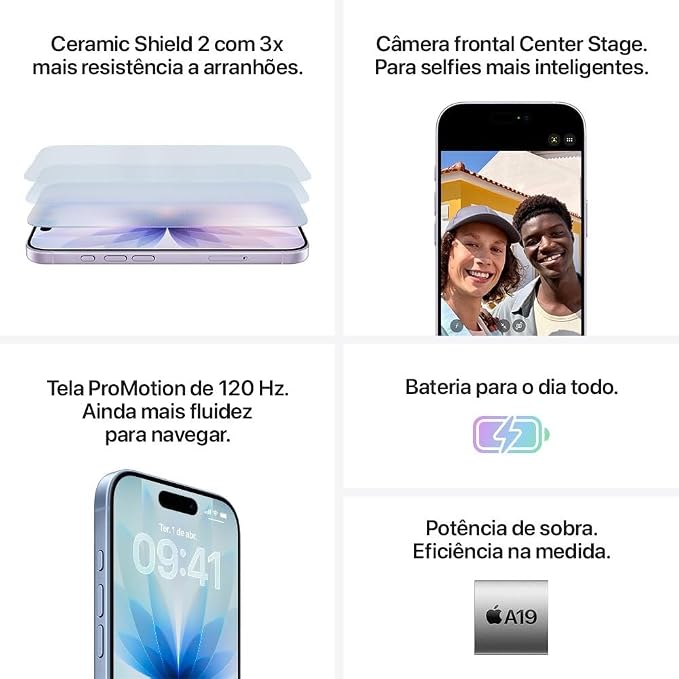 Painel informativo mostrando os principais recursos do iPhone 17 como chip A19, bateria de longa duração e câmera Center Stage