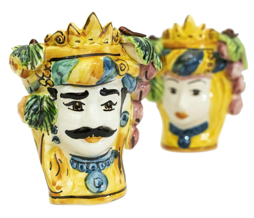 Generico Coppia teste di moro Caltagirone giallo in ceramica siciliana vasetti piccoli 15 cm