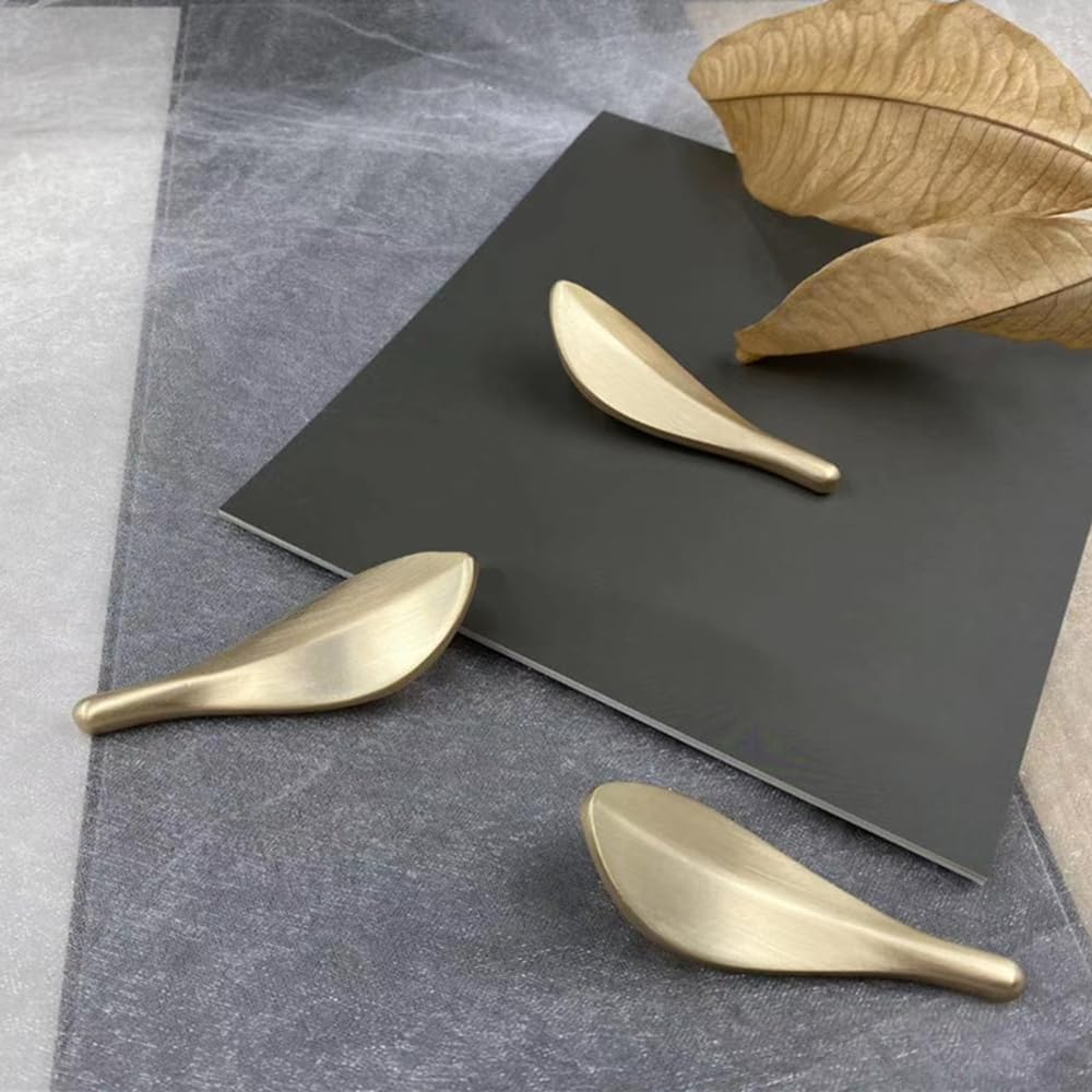 Primst 6pcs Solid Brass Cabinet Knobs,Leaf Shape Furniture Handles Pulls for Door,Kitchen Drawer,Dresser Drawer (Gold-6PCS)