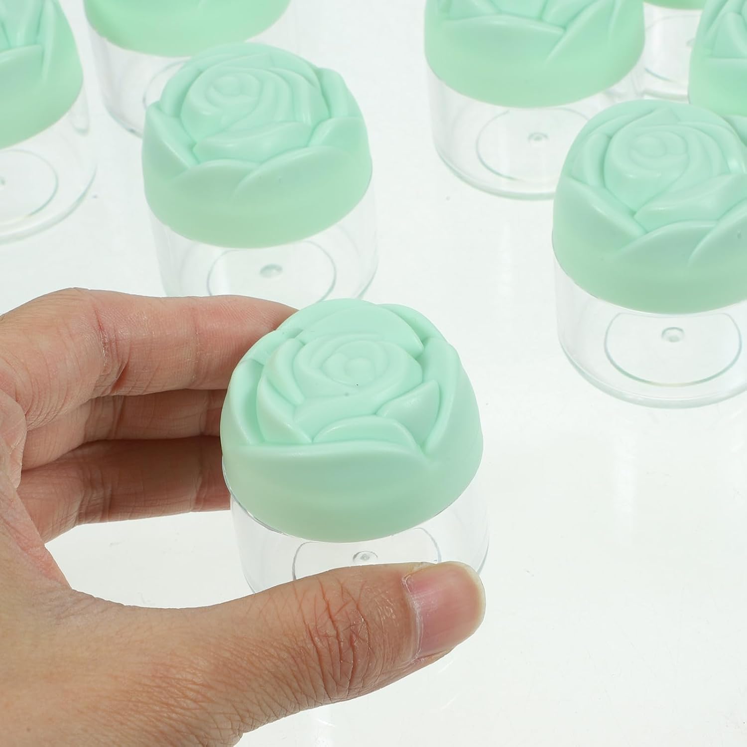 12pcs 20g Body Butter Jars with Green Rose Lid, Empty Cream Containers for Travel Cosmetic Dispenser and Face Lotion Storage