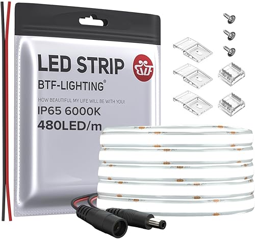 Miniatura 1 de BTF-LIGHTING FCOB COB IP65 - Tira de luz LED flexible de alta densidad uniforme de 9 Wm 16.4 pies DC12V luz diurna blanca 6000K 2400LED CRI 90+