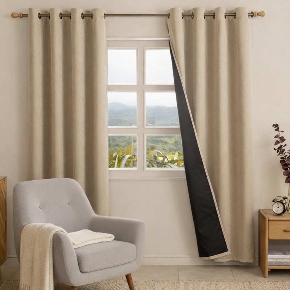 Image of HOMEMONDE 100% True Blackout Curtains Customize Size - 1 Piece Curtain, Embossed Panels Light Block Thermal Insulated & Noise Reducing Room Darkening Curtains (Beige)