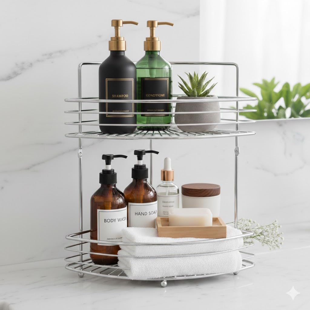SDZOREN 2-Tier Floor Standing Corner Shower Caddy - Stainless Steel Bathroom Organizer Includes Screws and Anchors - Freestanding