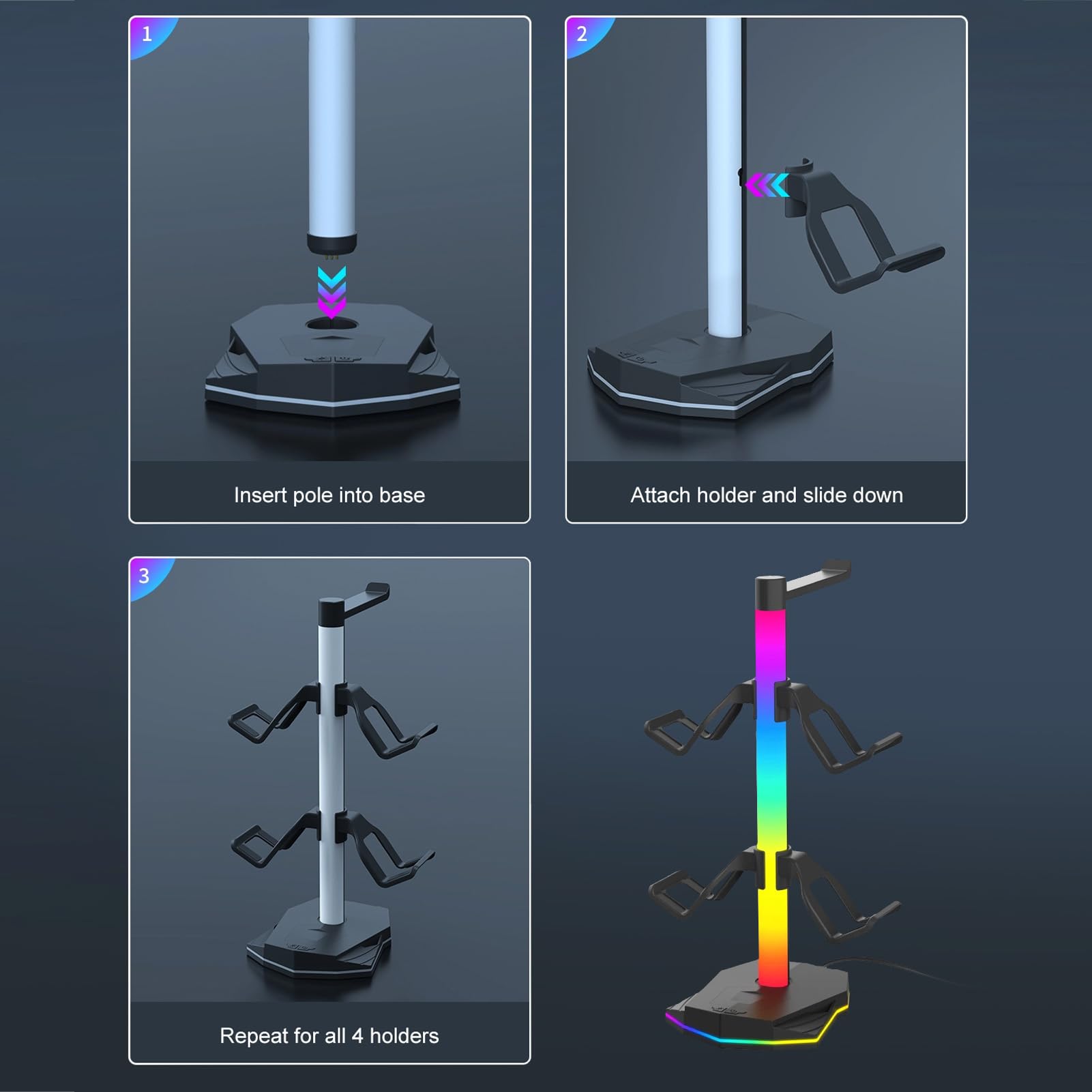 Gaming Headphone Stand with RGB Light, Holds 4 Controllers | Dispone di illuminazione RGB, adatta a tutte le marche, porte USB 2.0, installazione semplice, base stabile antiscivolo