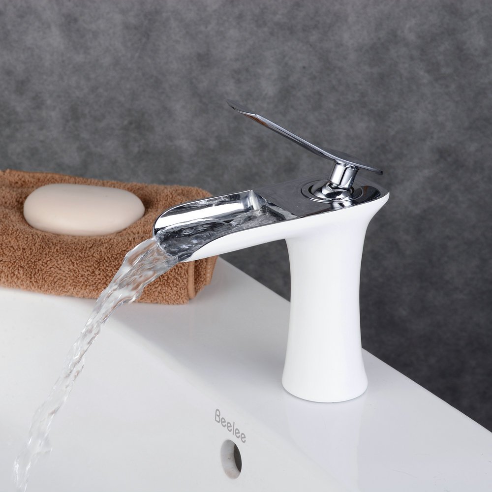 Grifo Cascada Monomando, Grifo de Lavabo Baño, Agua Fria y Caliente Disponible, Pintura blanca y cromo, Beelee BL9009W