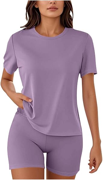 Biker Short Sets Women 2 Piece Outfits Casual Summer Lounge Set Short Sleeve Tops and Shorts Matching Workout Set