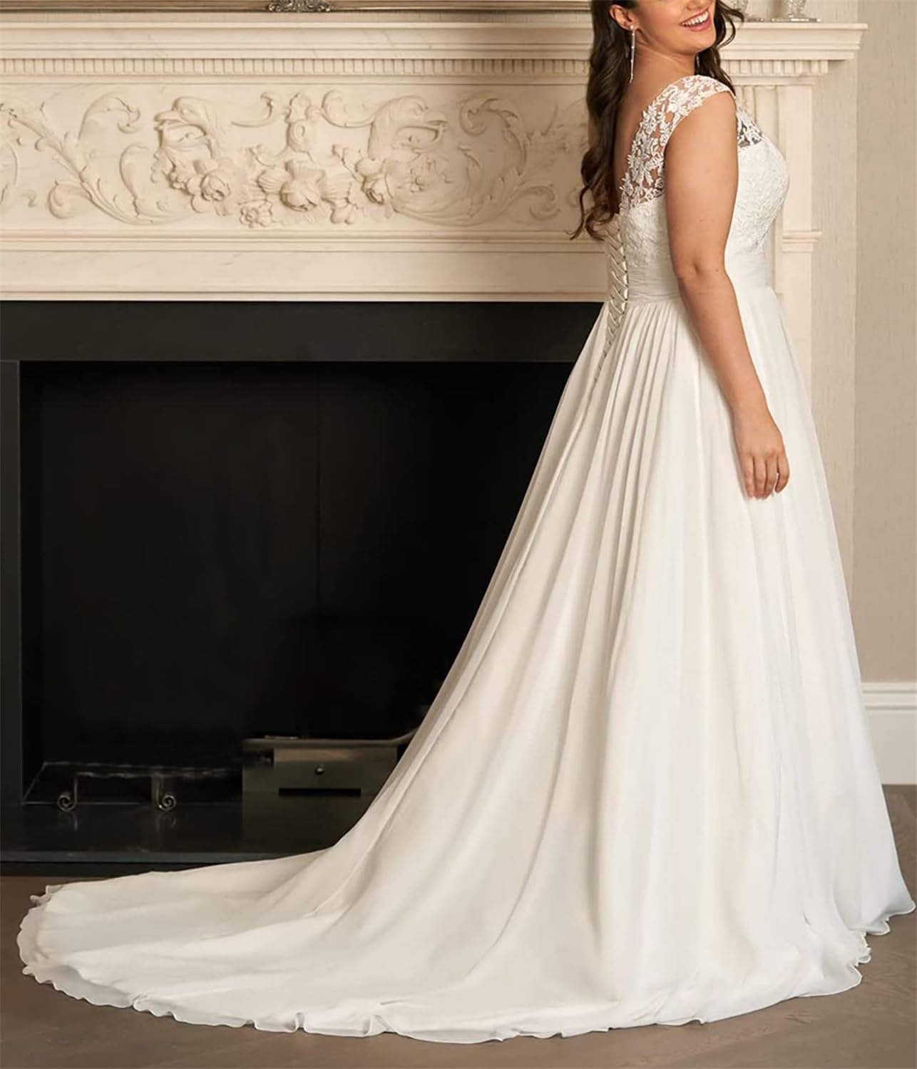 YIANN Robe de mariée en mousseline de soie grande taille pour mariée avec applique en dentelle balayage train A ligne V Neck robe de mariée