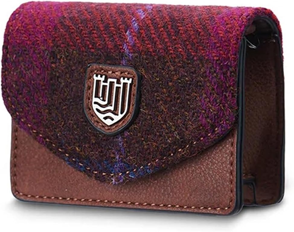 Islander The Card Case - Made of Microfibre Leather & Harris Tweed, 4.13'x3.14' (Chestnut and Blue Tartan)