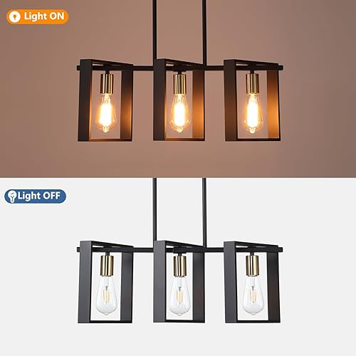 Miniatura 4 de 9MMML Iluminación de isla de cocina de 3 luces, moderna lámpara colgante lineal rectangular, marco negro + candelabro dorado para comedor y sala de