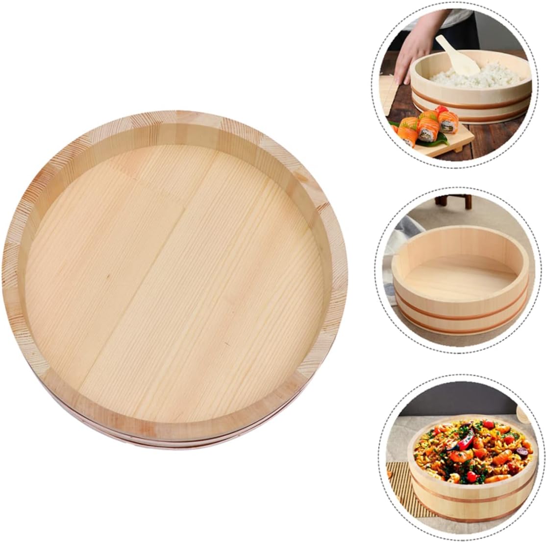 Wooden Sushi Rice Bucket Lid Japanese Style Hangiri Rice Mixing Tub for Sushi and Korean Dishes Sturdy Wood Construction for Home Chefs