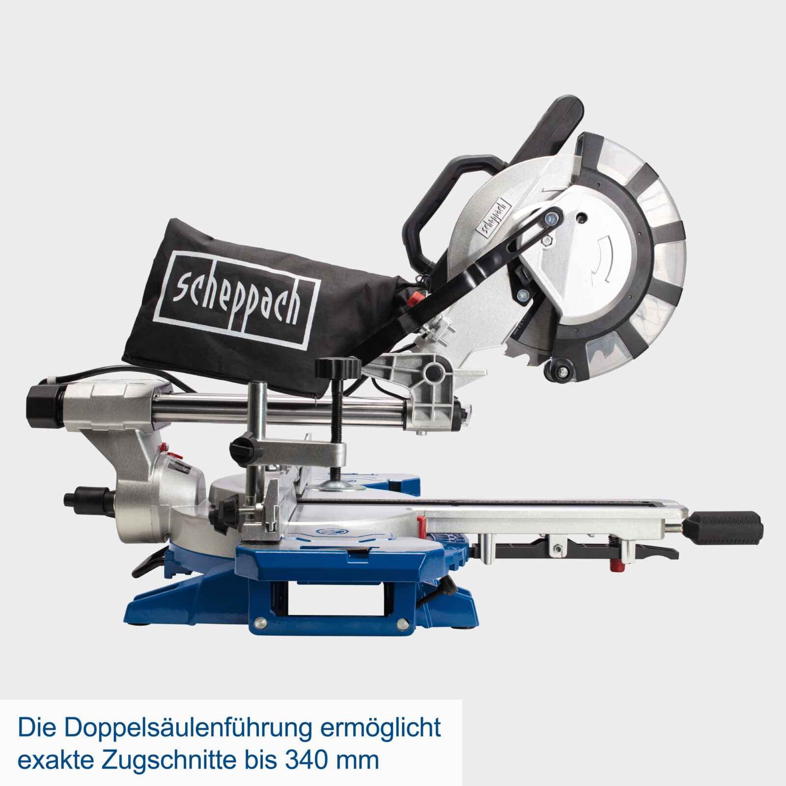 Scheppach Kappsäge HM216SPX | 65mm Schnitthöhe | 340mm Schnittbreite | 2000W | 2x Sägeblatt Ø210mm | Laser | schwenkbarer Sägekopf | Gehrungssäge | Werkstückauflage & Spanner | Kapp-Zug-Gehrungssäge