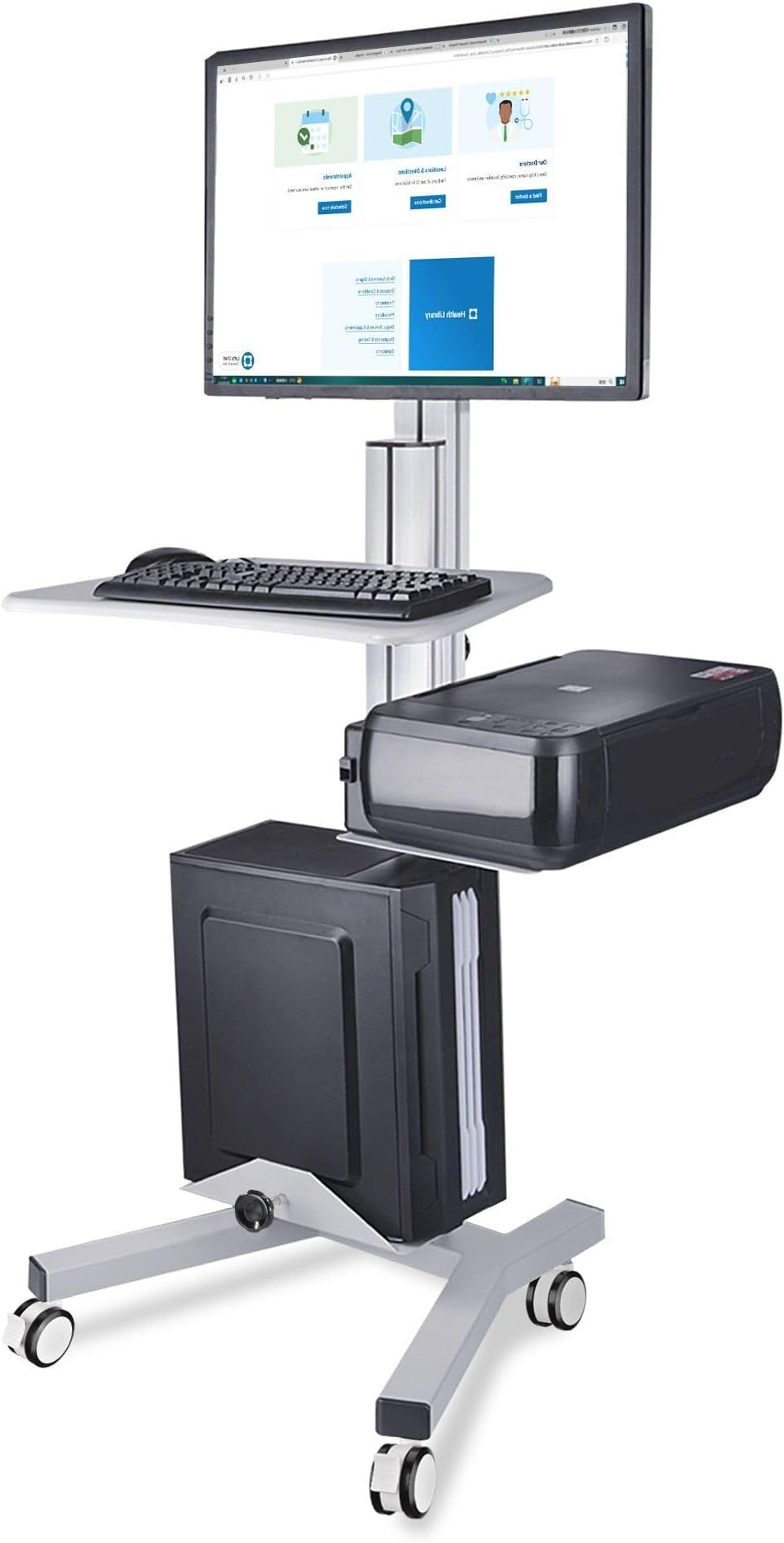Medical Mobile Computer Cart Rolling PC Stand Desk Workstation on Wheels with Monitor Mount Adjustable Keyboard Tray CPU Printer Holder for Hospital Clinic School Office Silver