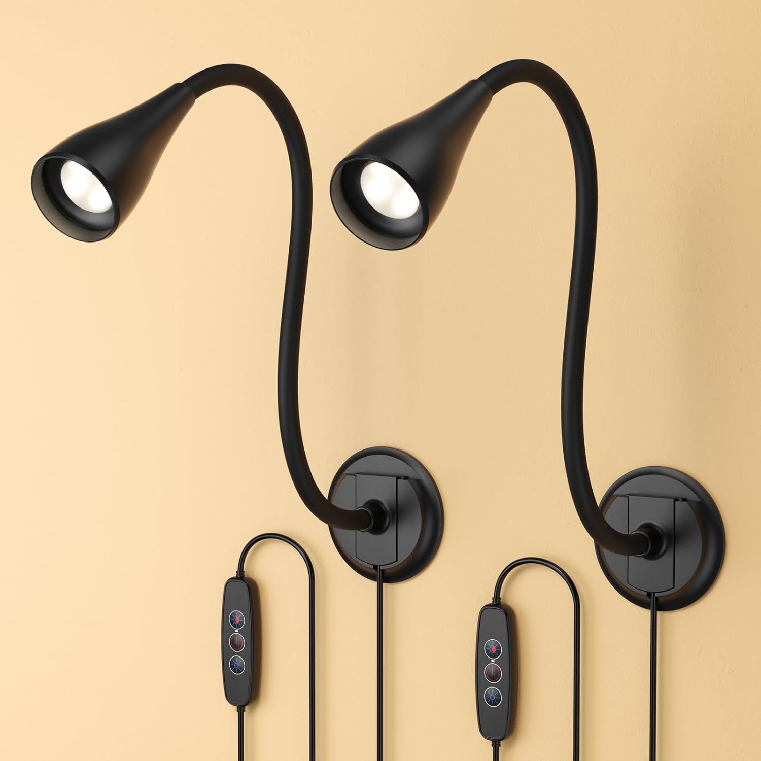 Book Light for Reading at Night in Bed, Wall Mount Reading Light for Bedside,Headboard, Eye Care LED, 5 Color & Brightness Dimmable, Flexible Gosseneck, 2 Pack