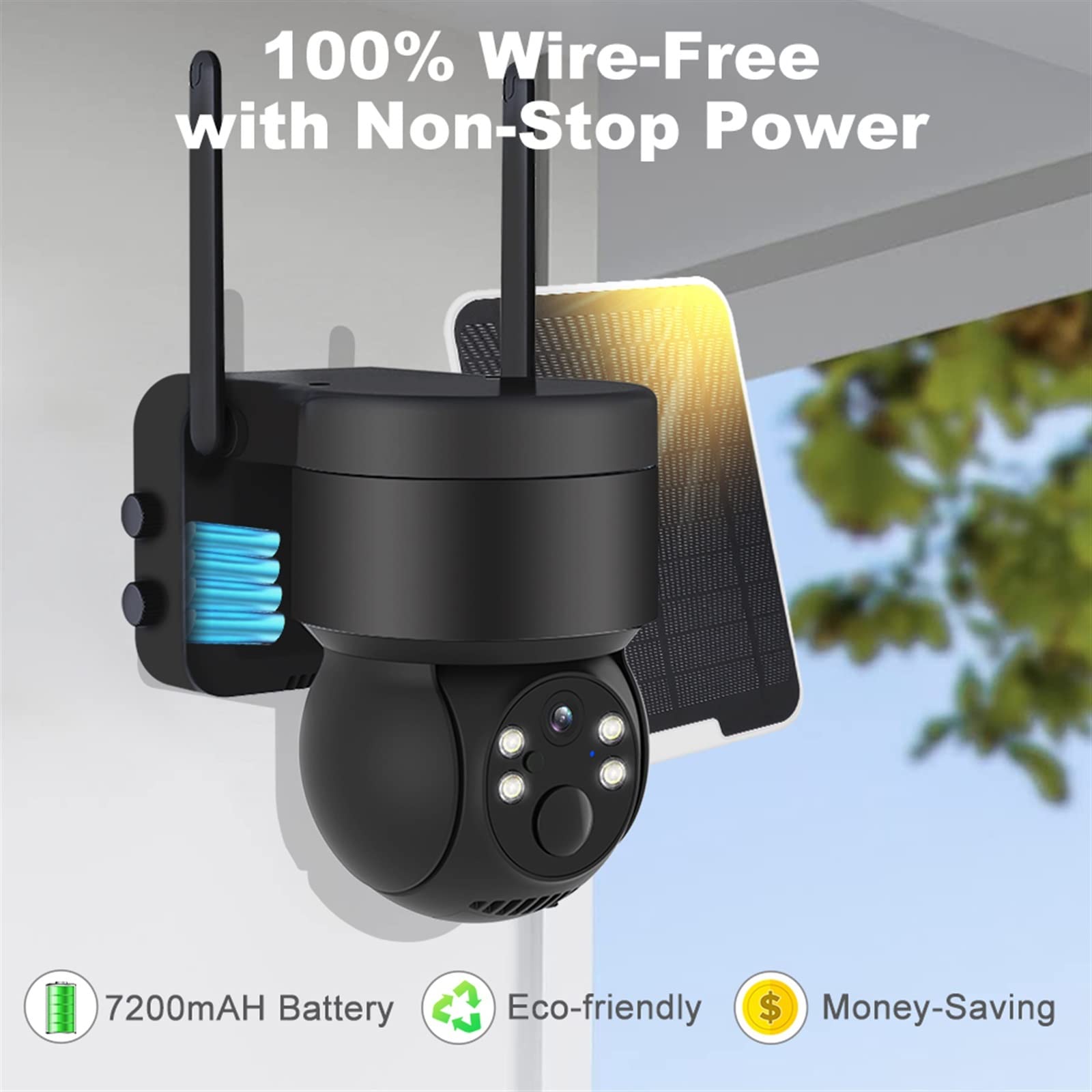 Telecamera Wifi Esterno, Telecamera di sicurezza Telecamera di sorveglianza wireless con batteria ricaricabile Pannello solare PIR Rilevamento umano PTZ Vista a 360° ,Sicurezza, Antifurto(2.5K Black)