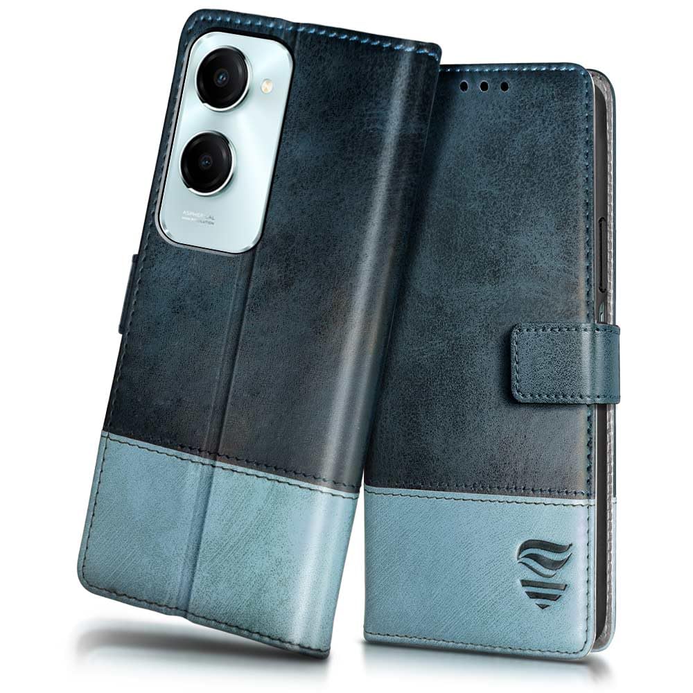 FLIPPED Vegan Leather Flip Case Back Cover for iQOO Z9 Lite | Vivo T3 Lite 5G | Y18t | Y18 | Y18e | Y03 | Y28s | Y37 (Shockproof | Hand Stitched | Card Wallet & Stand | Blue with Aquamarine) (B0DCJN9MVM) Amazon Price History, Amazon Price Tracker