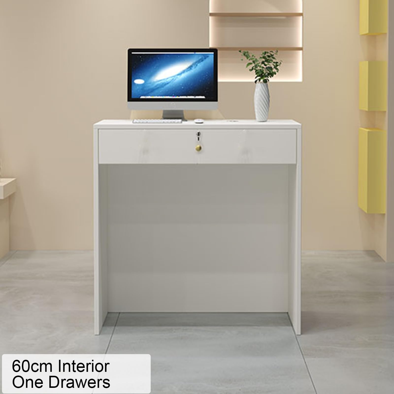 Moderno Bancone cassa,Banco da Receptionista Con Cassetti e Ripiani Banco Reception Tavolo Reception per Ufficio con Luci LED,per Supermercato, Negozio di Convenienza(Light yellow white,60/23.6in)