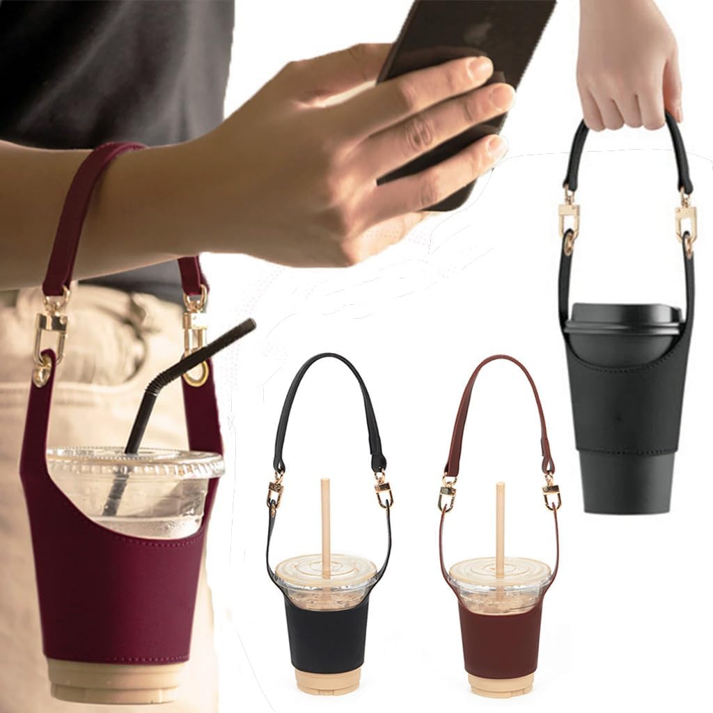 Coffee Cup Holder Tea Cup Protective Sleeve, Water Bottle Holder PU Leather Pouch, Outdoor Camping Shopping Travel cup Sling(Black)